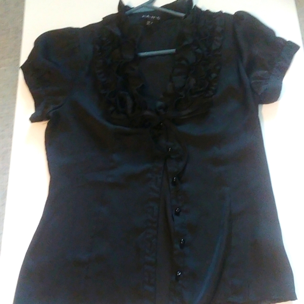 FANG Black Ruffled Satin Cap Sleeve Blouse